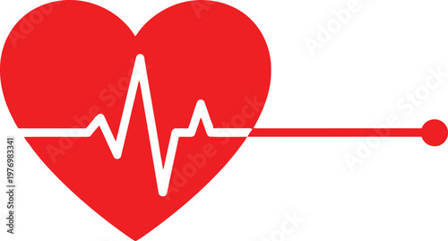 A red heart icon featuring a white heartbeat line across the center against a white background. Vector