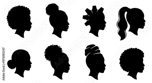 Black woman silhouette set, 8 African hairstyle icons, female profile vector