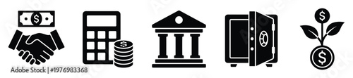 Financial business icons depicting agreements, calculations, banking, asset security, and investment growth for use in economic presentations, fiscal planning, and digital finance