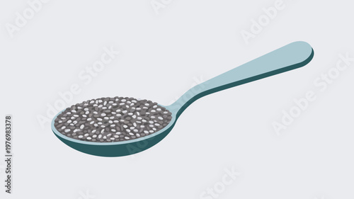 A spoon filled with chia seeds on a plain background
