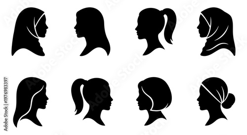 Diverse female profile silhouettes, 8 woman head icons, hijab and hair styles