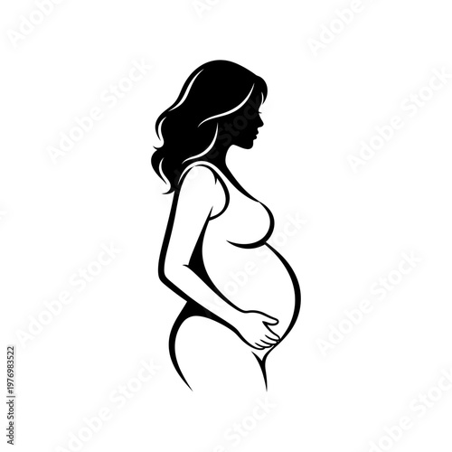 Stylized black and white silhouette of a pregnant woman profile.