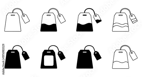 Minimalist tea bag icon set, black and white tea leaf infusion vector