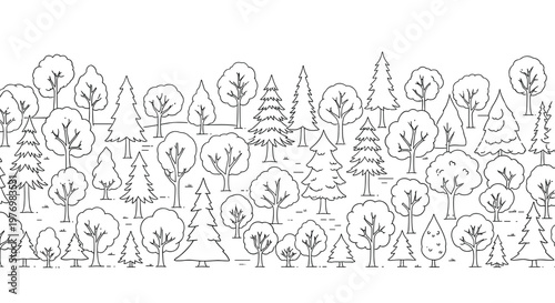 Black and white outline of a dense forest with various species of trees creating a natural landscape for coloring or design.