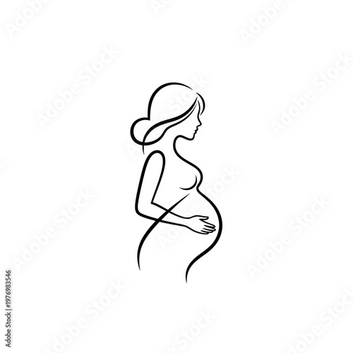 Minimalist black line drawing of a pregnant woman silhouette.
