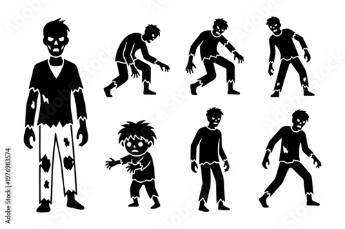 Zombie silhouette collection, 7 undead monster icons, spooky horror vector