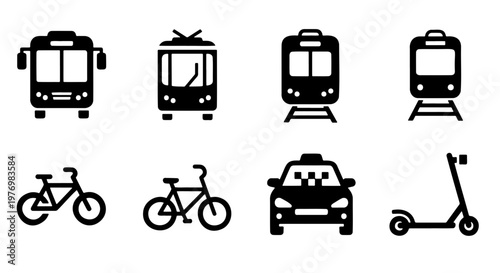 Public transport icons set, city transit vector, 8 black vehicle symbols