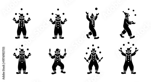 Vintage circus clown silhouette set, 8 juggling clown icons, carnival vector