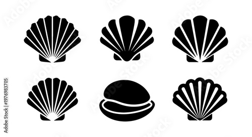 Minimalist seashell icon set, black scallop shell vector, 6 ocean elements