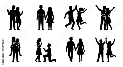 Romantic couple silhouettes, 8 relationship icons, black love vector set