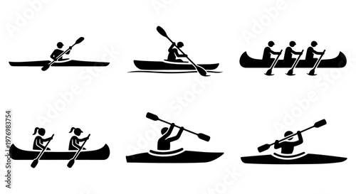 Rowing and kayaking icons, 6 water sport vector silhouettes, canoe boat set