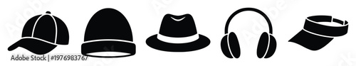 Versatile collection of headwear and audio accessory silhouettes featuring hats caps beanies fedoras and headphones perfect for fashion technology and lifestyle graphics