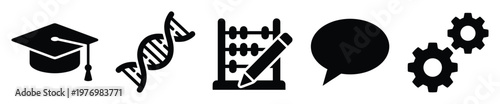 Icons for academic and scientific pursuits featuring symbols of graduation genetic science mathematical computation communication and technological innovation for education and research