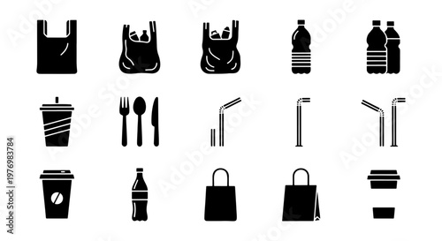 Plastic waste icons, 15 single use plastic vector set, pollution symbols