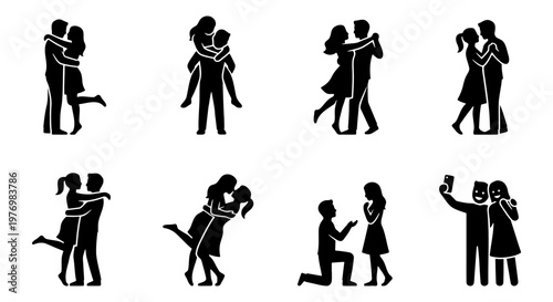 Romantic couple silhouettes, 8 love icons, wedding proposal vector set