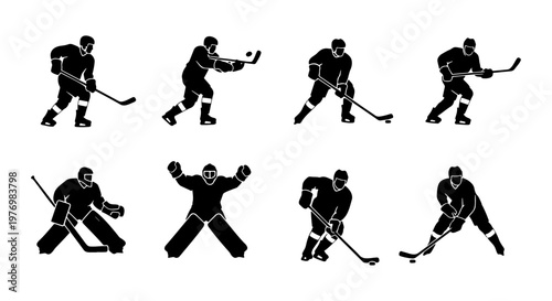 Ice hockey player silhouettes, 8 athlete poses, goalie and skater vector set