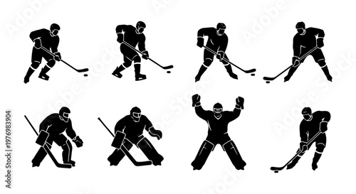 Ice hockey player silhouettes, 8 athlete vector icons, goalie and skaters