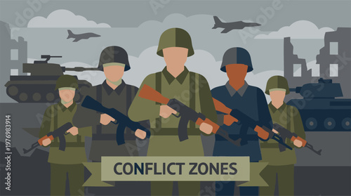 Illustration of military conflict with soldiers, tanks, jets, and destroyed city