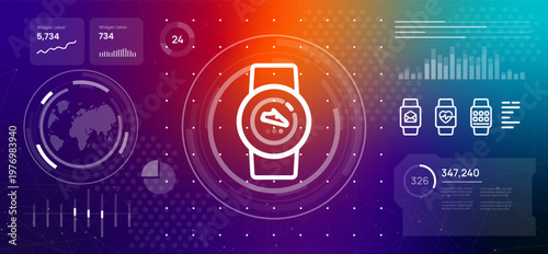 smart wearable technology fitness tracker icons health data visualization futuristic dashboard background for smart watch monitoring heart rate steps counter
