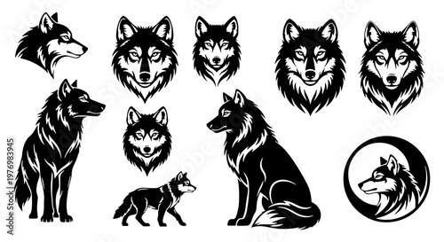 Black wolf head silhouettes, 10 wild animal vector icons, husky dog logos