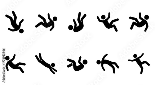 Falling person silhouette set, 10 tumbling man icons, black vector figures