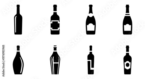 Alcohol bottle icon set, black wine and liquor silhouettes, 8 vector symbols