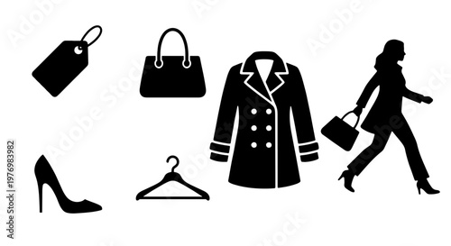 Fashion shopping icons set. Black silhouette woman, coat and accessories