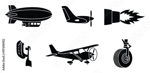 Collection of black and white aviation symbols and air transport silhouettes including blimp propeller plane jet engine and landing gear for graphic design and interface icons