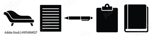 Collection of black silhouette icons depicting a therapy couch, document, pen, clipboard, and book, ideal for representing psychology, counseling, education, or mental health concepts in