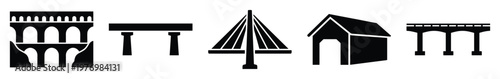 Diverse black silhouette bridge icons representing various architectural styles and construction types for transportation infrastructure projects and travel related content