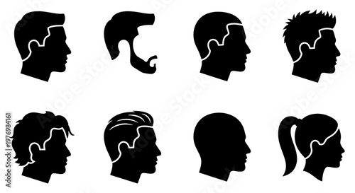 Male hairstyle silhouette icons, 8 men hair profile vectors, barber set