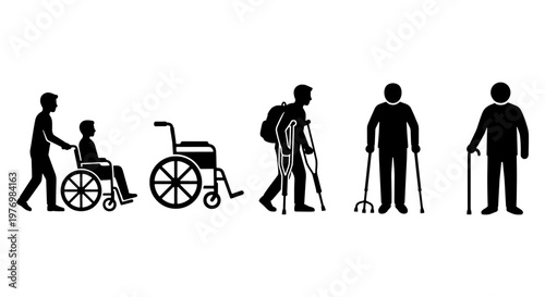 Disability icons set, wheelchair and crutches silhouettes, medical vector