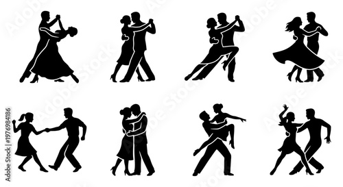 Ballroom dancing silhouettes, 8 couple dance icons, ballroom dancers vector