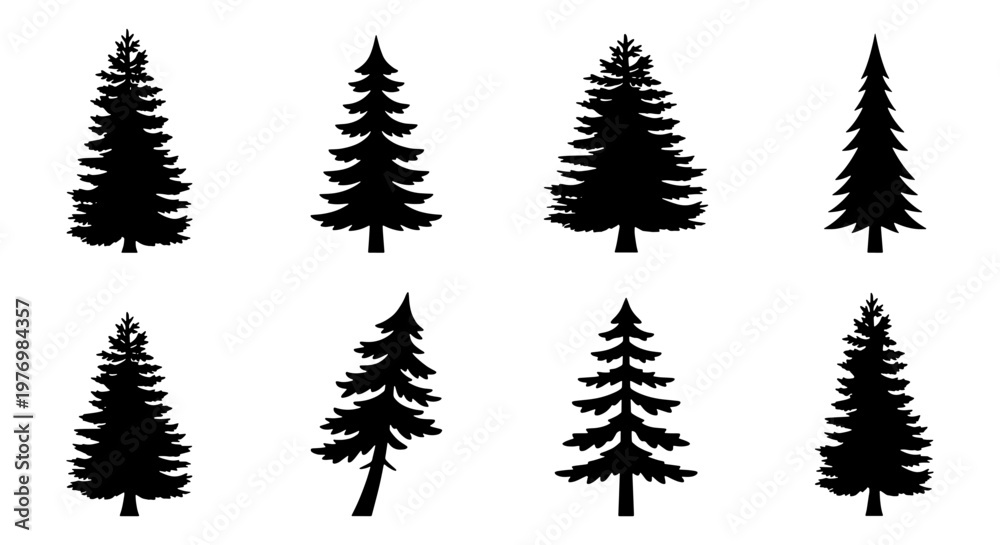 Fototapeta premium Pine tree silhouette collection, 8 evergreen forest vectors, conifer icons