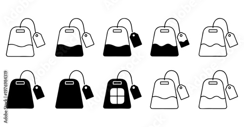 Minimalist tea bag icon set, 10 black and white vector tea bag symbols