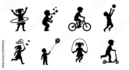 Active children silhouettes, 8 kids playing icons, outdoor summer fun vector