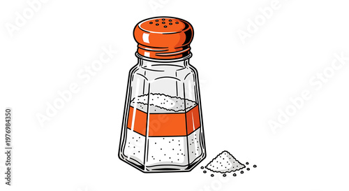 Salt shaker with orange cap and salt pile on white