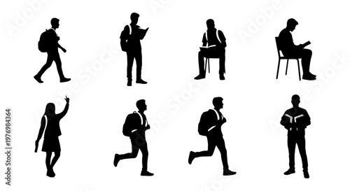 Student silhouette set, 8 school boy and girl vectors, university pupils