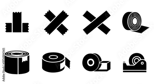 Adhesive tape icon set, 8 black duct tape vectors, sticky tape rolls
