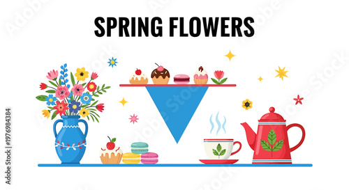 Colorful spring flowers in vase with tea and desserts on shelves  springtime still life