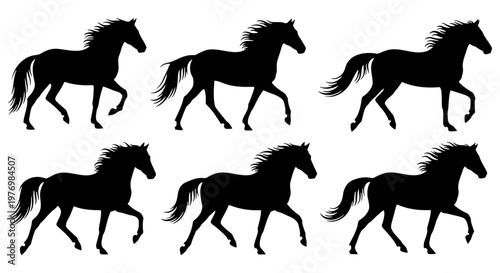 Running horse silhouettes, black stallion vector set, 6 equine icons