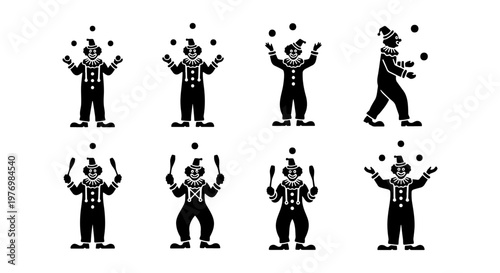 Circus clown juggling icons, 8 black silhouette vector elements, performer set