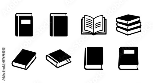 Minimalist book icon set, 8 black vector symbols, library and education signs
