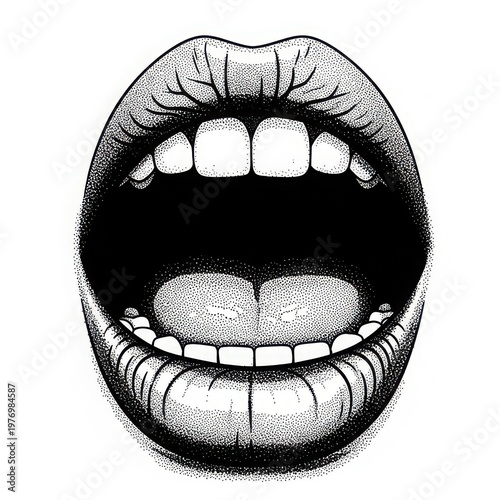 Black and white illustration of open mouth with teeth