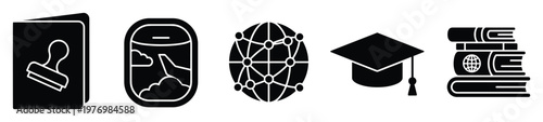 Professional icon set symbolizing international travel, global education, worldwide communication, and academic achievement for modern digital media applications