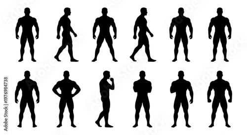 Muscular man silhouette set, 12 male bodybuilder icons, fitness vector