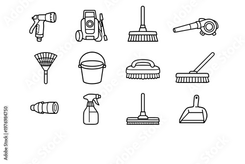 Pail machine spray tool garden leaf broom vector outdoor blower cleaning icons