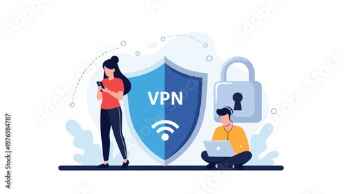 Man and woman use their mobile devices under the protection of a large VPN shield and a heavy padlock for online data security.