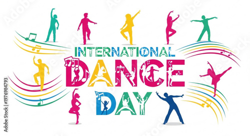 International Dance Day celebration with colorful dancing figures and musical notes vector illustration for festive events and promotions