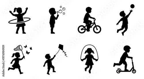 Active children playing silhouettes, 8 kids outdoor activities vector set